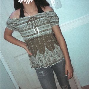 Green off the shoulders top.